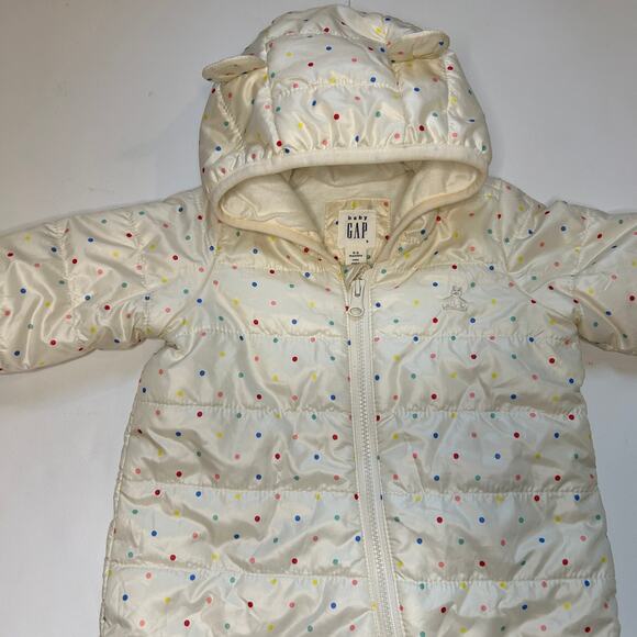 Baby GAP Puffer Snowsuit Bunting 0-3 Months Polka Dot Bear Ear Hood - Picture 2 of 5